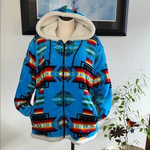 Bright Turquoise Aztec Sherpa-Lined Hooded Jacket 2XL